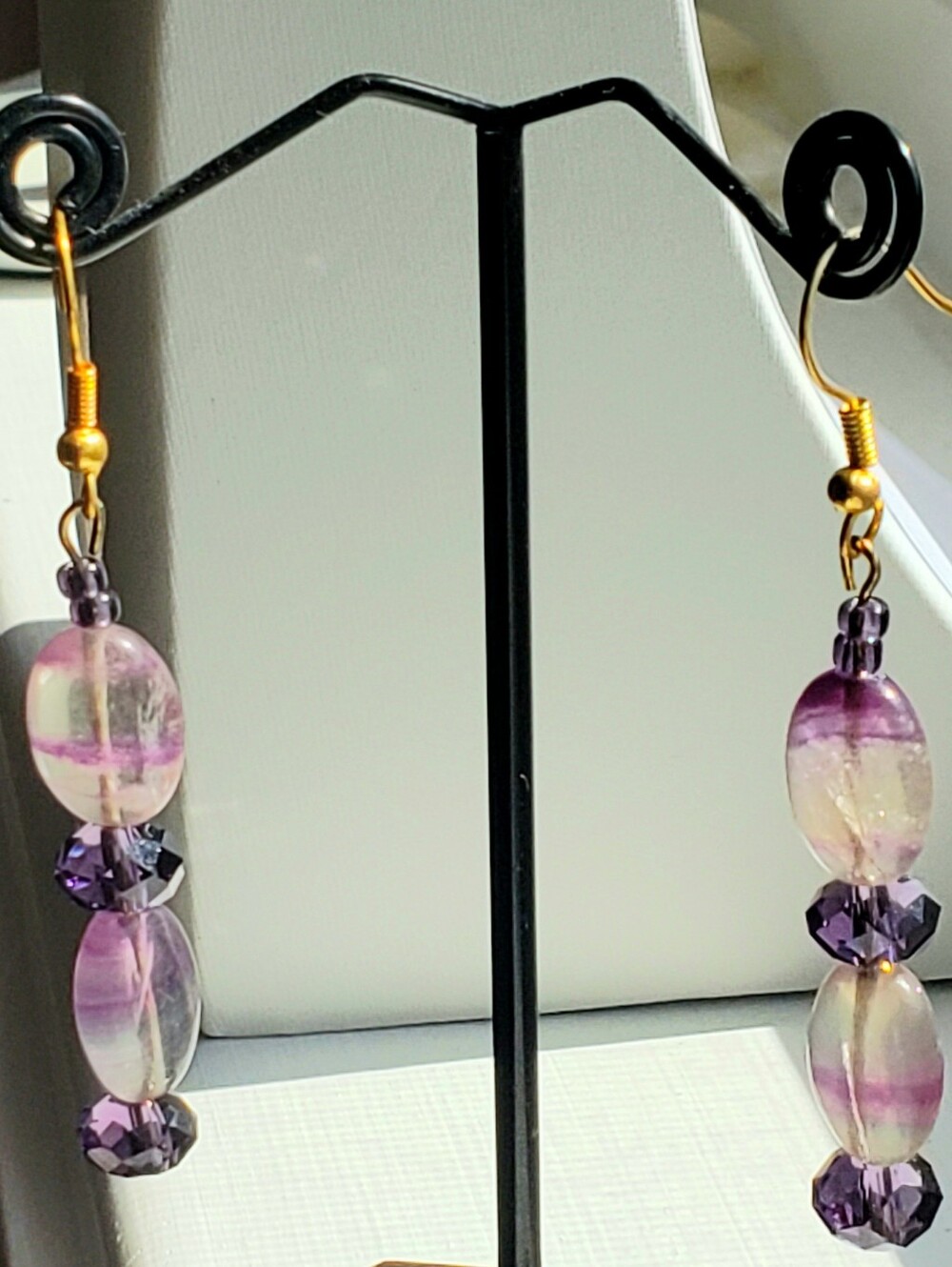 NEW Fluorite & Crystal Earrings On Goldtone French Wires, Natural Gemstones-WOW!
